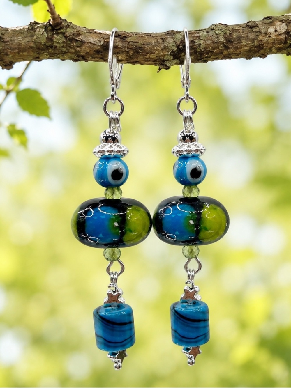 Art Glass & Crystal Blue and Green Beaded Earrings